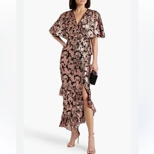 Saloni Rose Ruffled Silk Jacquard Midi Dress size 4 rose gold pink slit ruffle